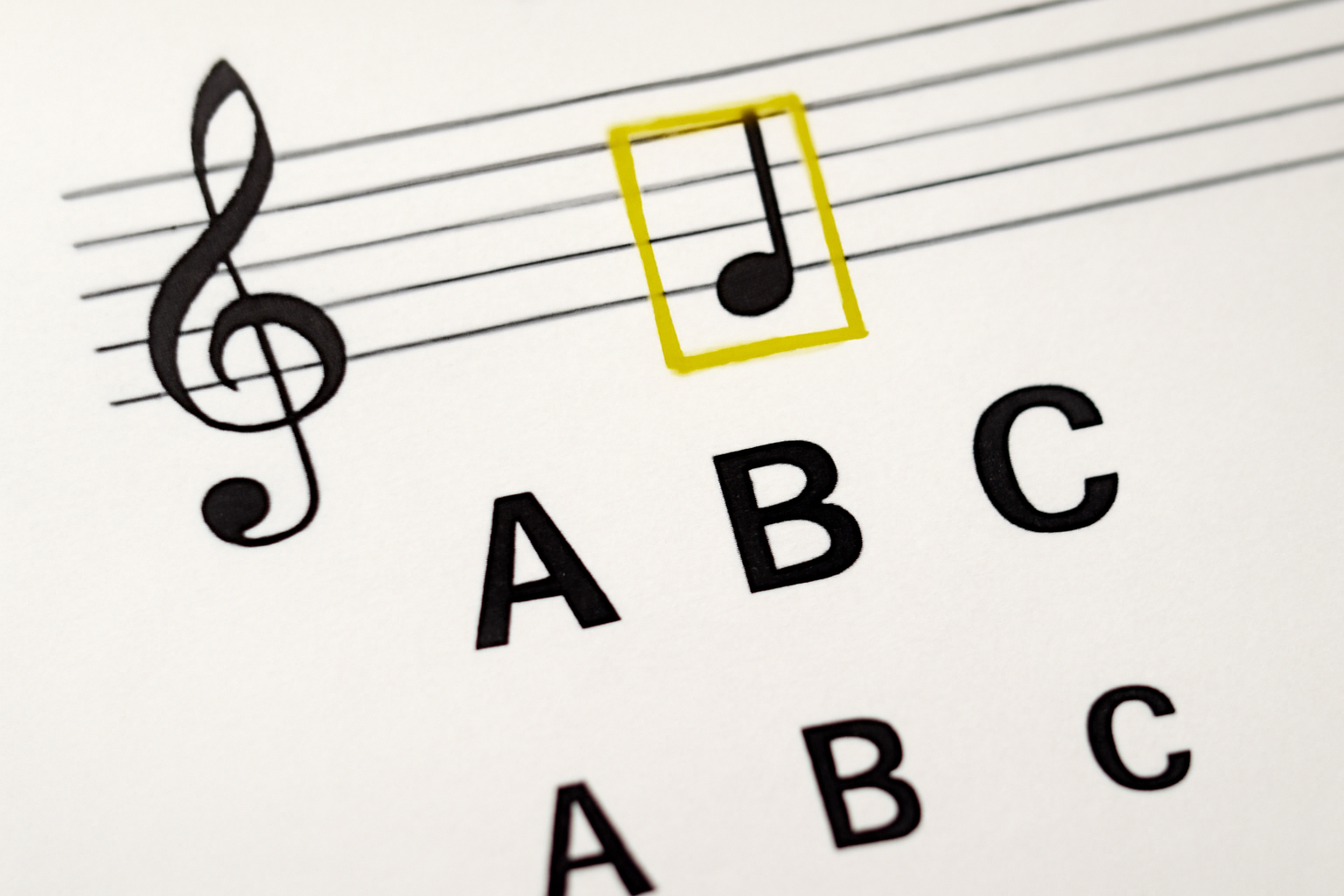 A close-up of a musical staff with a quarter note highlighted in yellow, and multiple choice options for note identification: A, B, and C.
