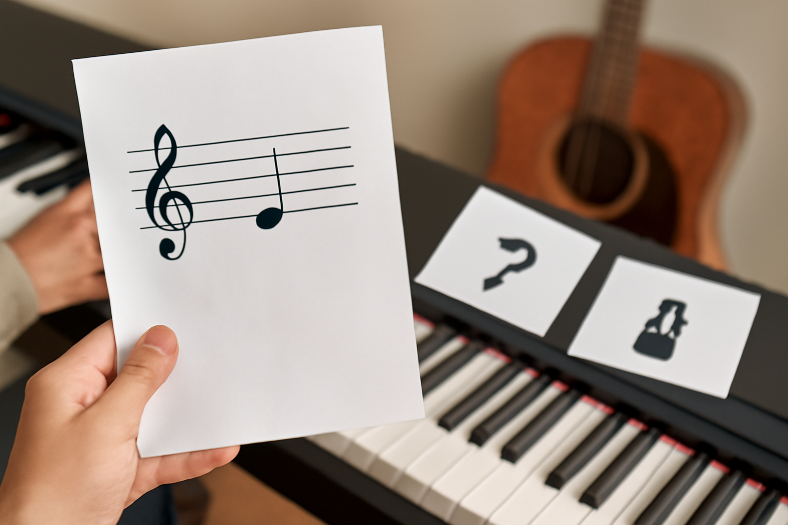 A photograph showing a left hand holding a piece of sheet music with a quarter note on a piano background. A guitar is also present in the blurred background. This image represents the educational exercise of matching notes to instruments or sounds.