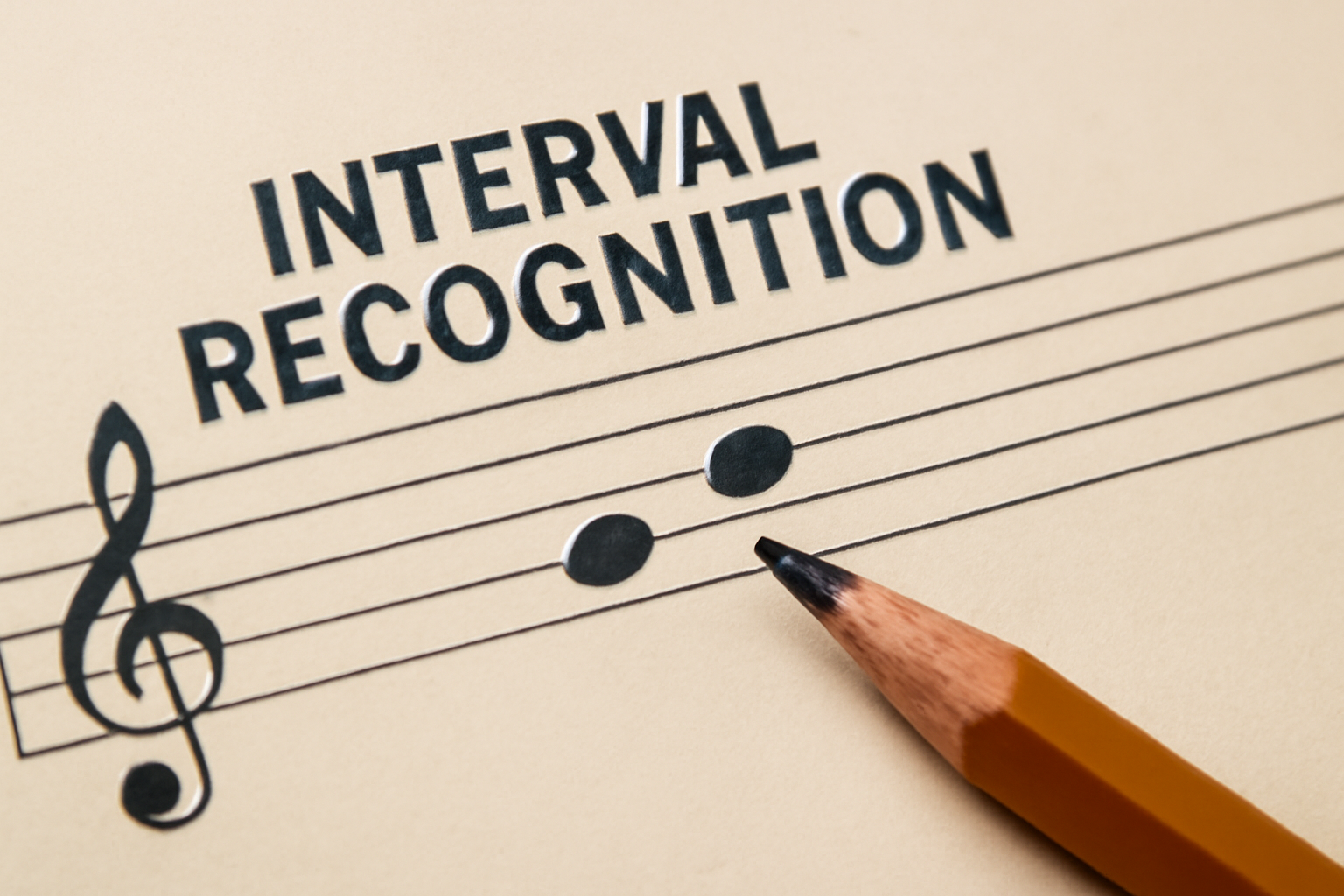 Close-up of music sheet with "Interval Recognition" above two notes on the staff, highlighting musical interval learning for older students.