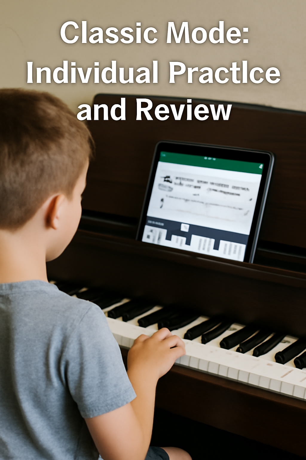 A young boy practicing piano with a digital educational app, improving rhythm and note-reading skills.