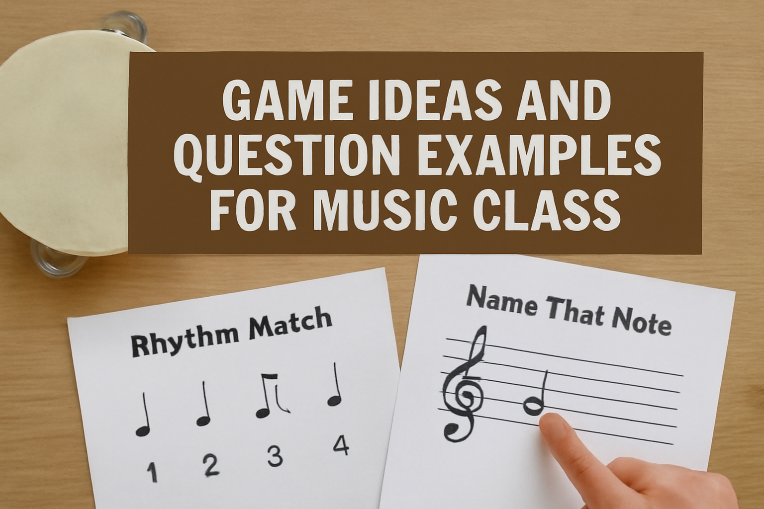 A collection of music game ideas for students, including rhythm matching and note identification exercises on a wooden desk.