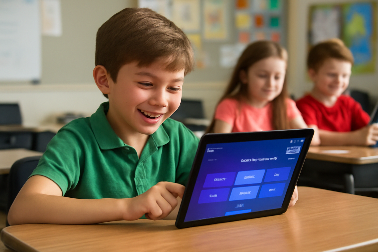 Three elementary school students interacting with educational games on tablets in a bright classroom, smiling and focused on their devices.
