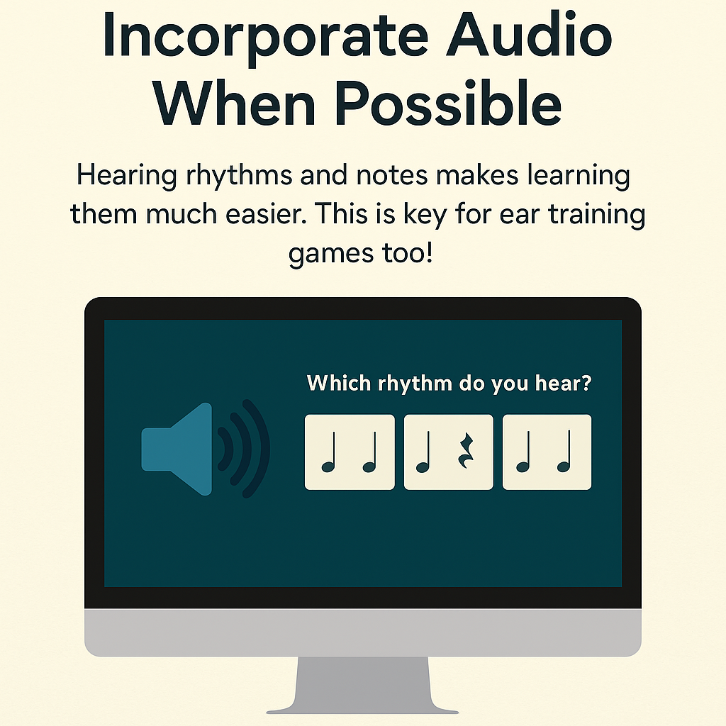 A digital screen showing a rhythm quiz with audio playback, emphasizing the benefit of using sound in Gimkit for music education.