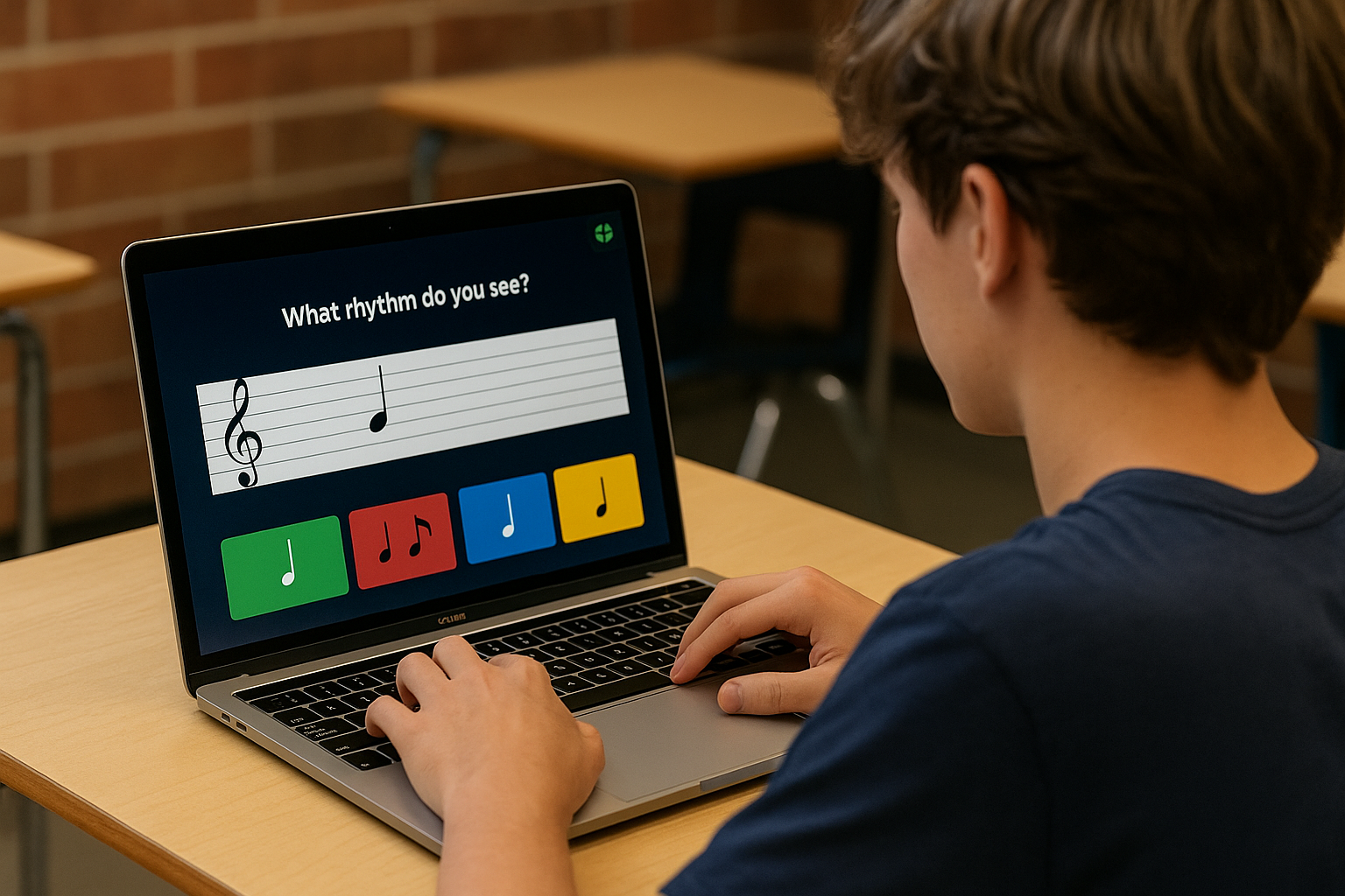 A light-skinned student focuses on a rhythm exercise in Gimkit using a MacBook in a classroom setting.