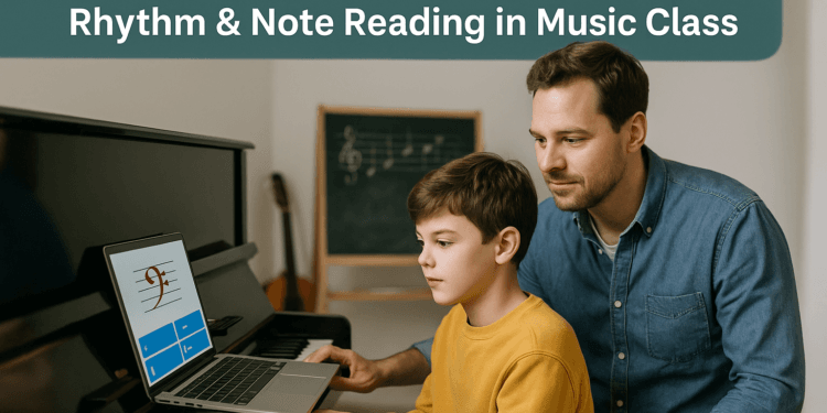 A music teacher helps a young boy read notes on a laptop using Gimkit in a classroom with a piano and chalkboard, illustrating music learning through gamification.