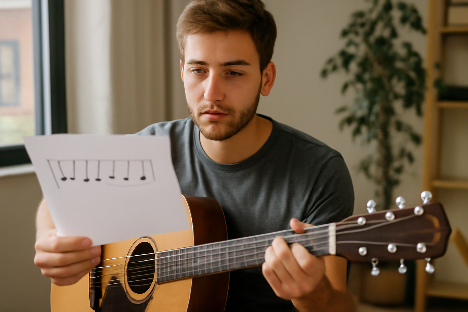 A young man with light skin and brown hair, sitting in a sunlit room while playing an acoustic guitar and holding a rhythm chart for an ear-training exercise.