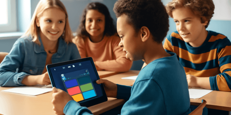 Diverse group of students in a classroom using Gimkit on a tablet, promoting fairness and inclusivity in education.