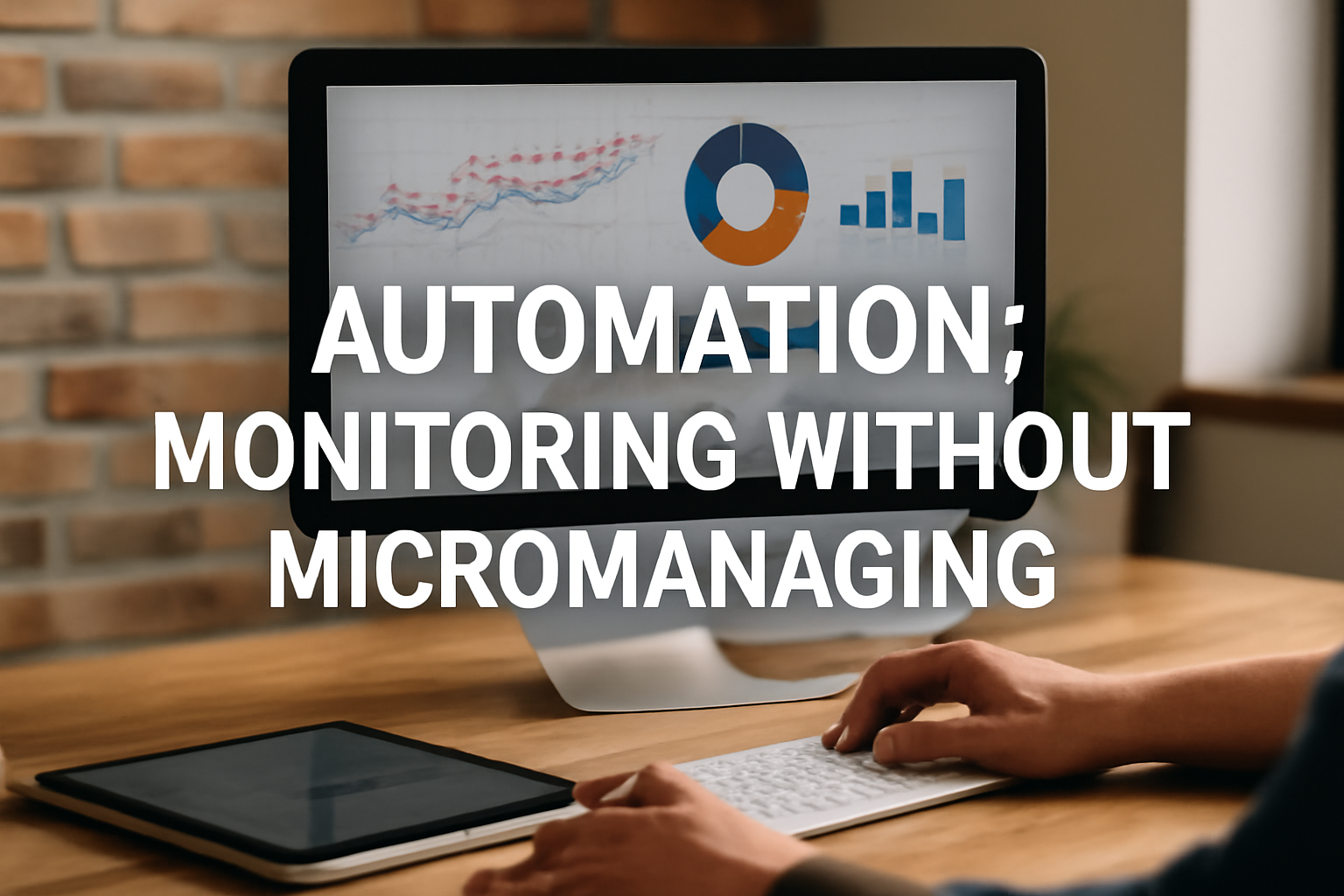 Automation tools improving business monitoring with analytics displayed on a sleek workspace with a computer screen and tablet.