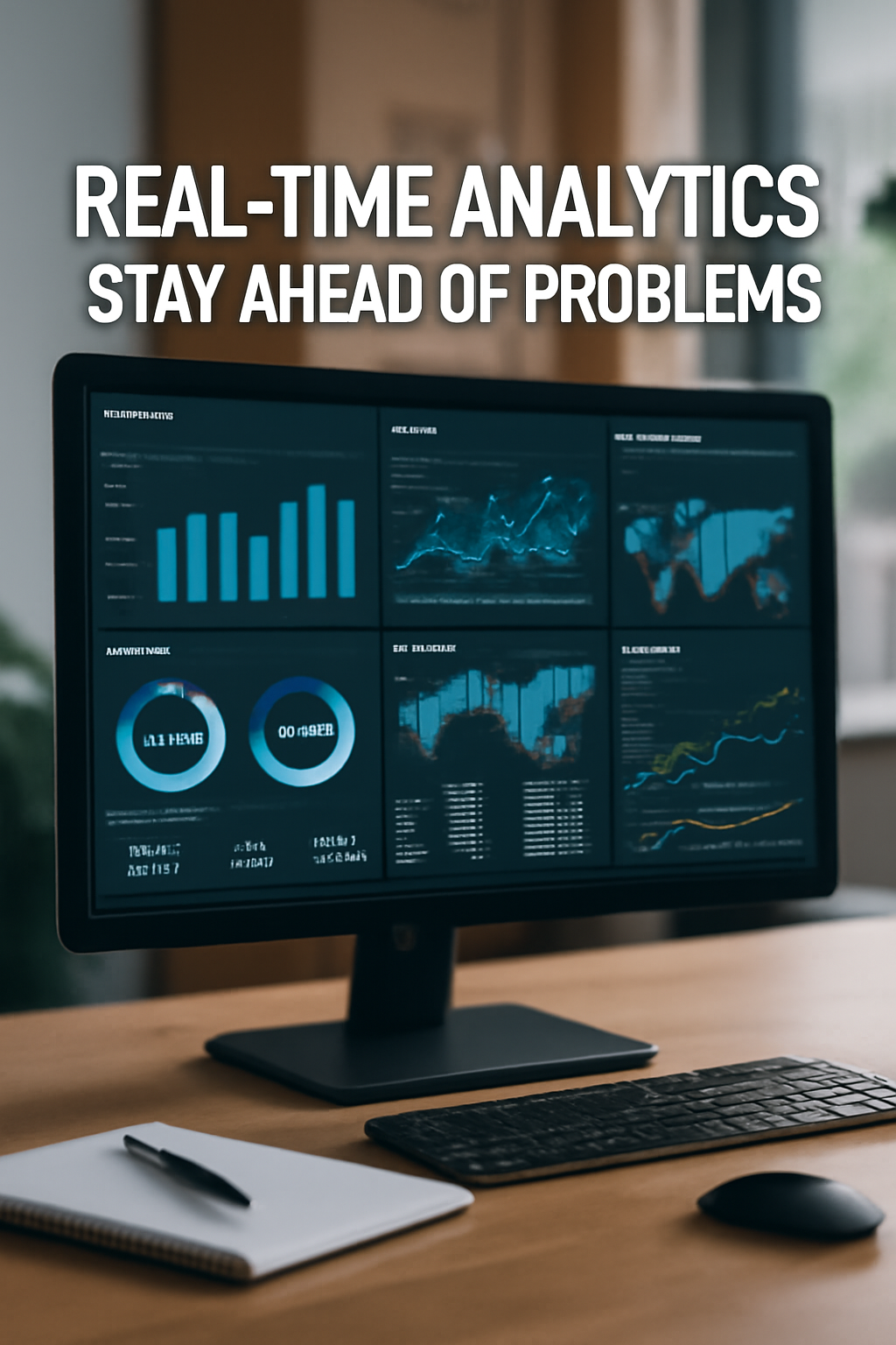 A high-quality image of an office desk with a computer displaying a real-time analytics dashboard. The dashboard features dynamic charts and graphs, providing live visibility into data for informed decision-making.