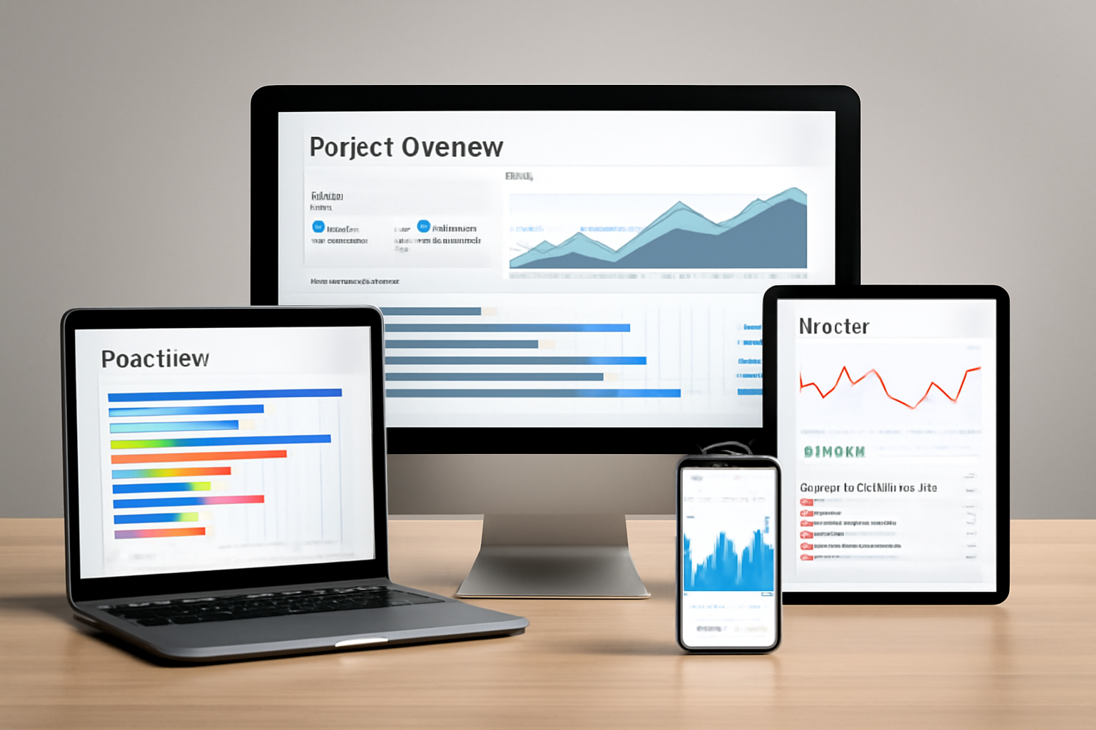 A set of four devices displaying project management software, showcasing project progress, workload graphs, and performance metrics in a sleek, professional setting.