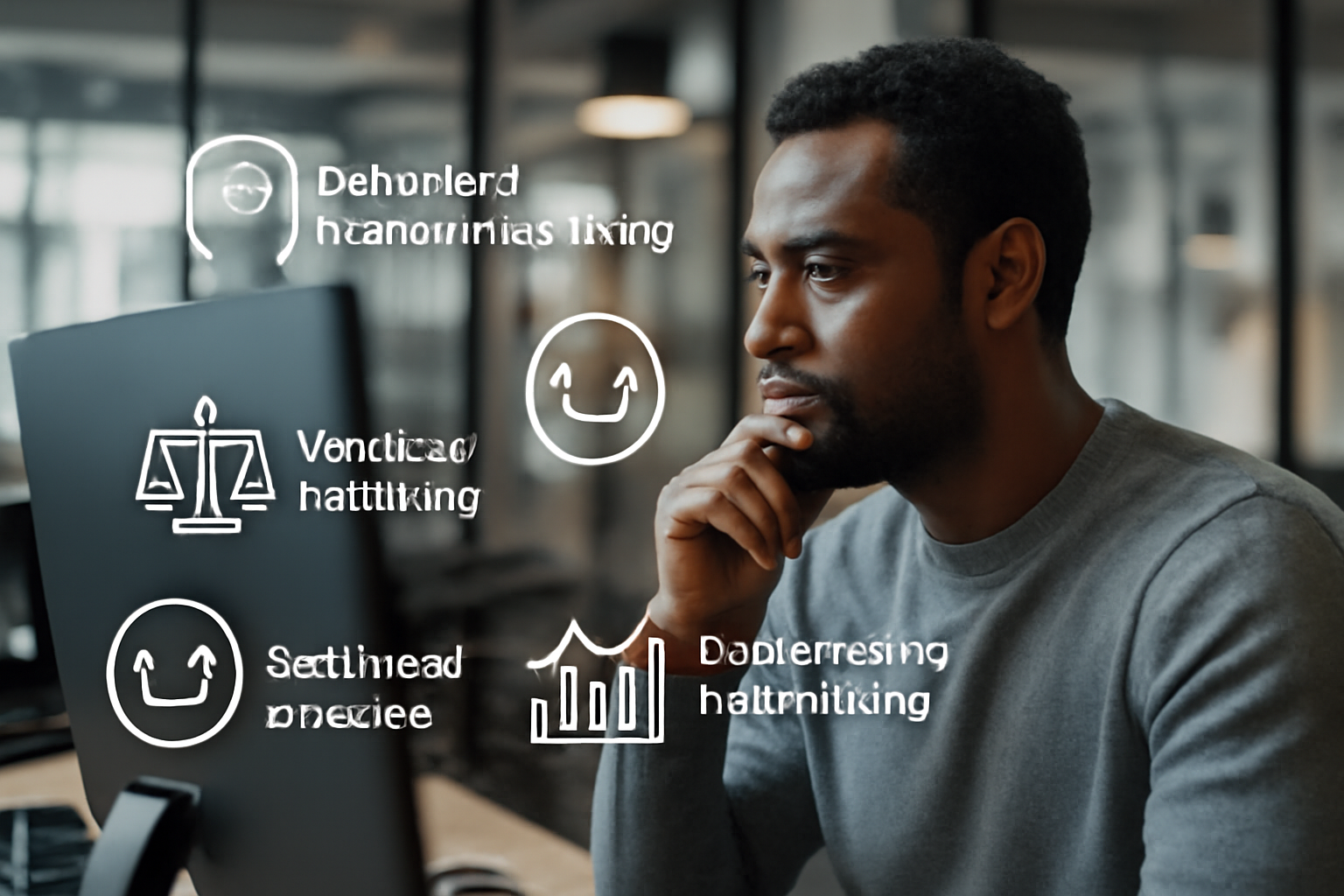 A focused African American man working at his desk, analyzing AI-powered insights on a computer screen with a stylized brain icon and data-driven charts, illustrating how AI is enhancing decision making in employee monitoring.