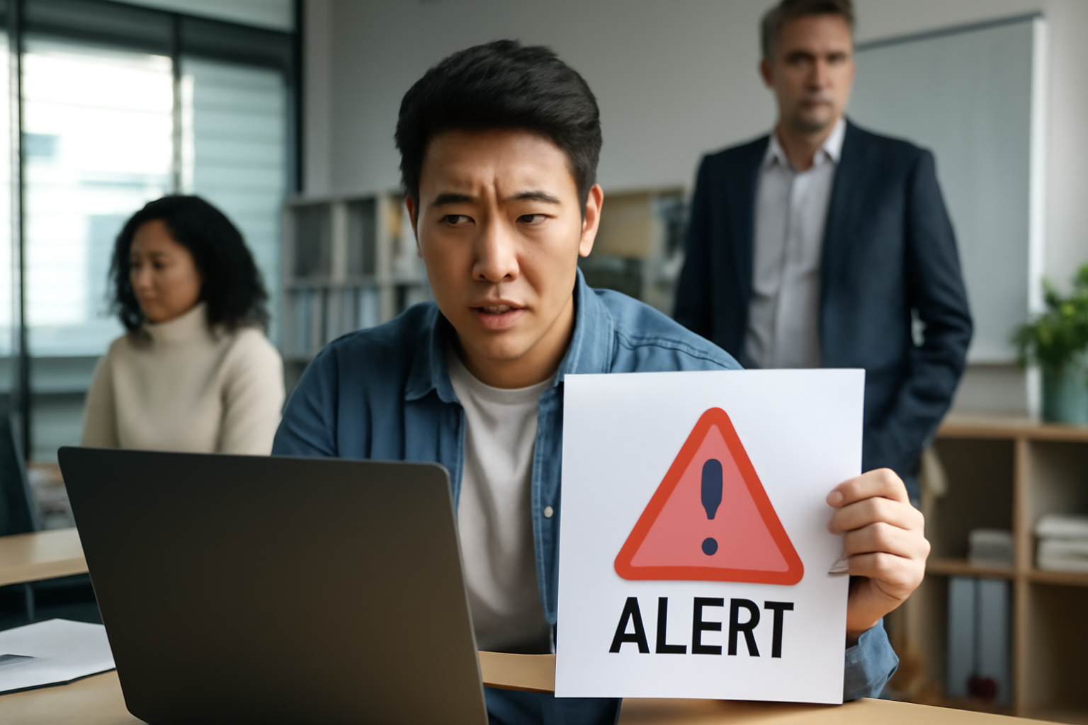 A team of professionals in an office setting with a focus on rule-based alerts. A young man holds up an "ALERT" sign, symbolizing automatic notifications triggered by suspicious activities.