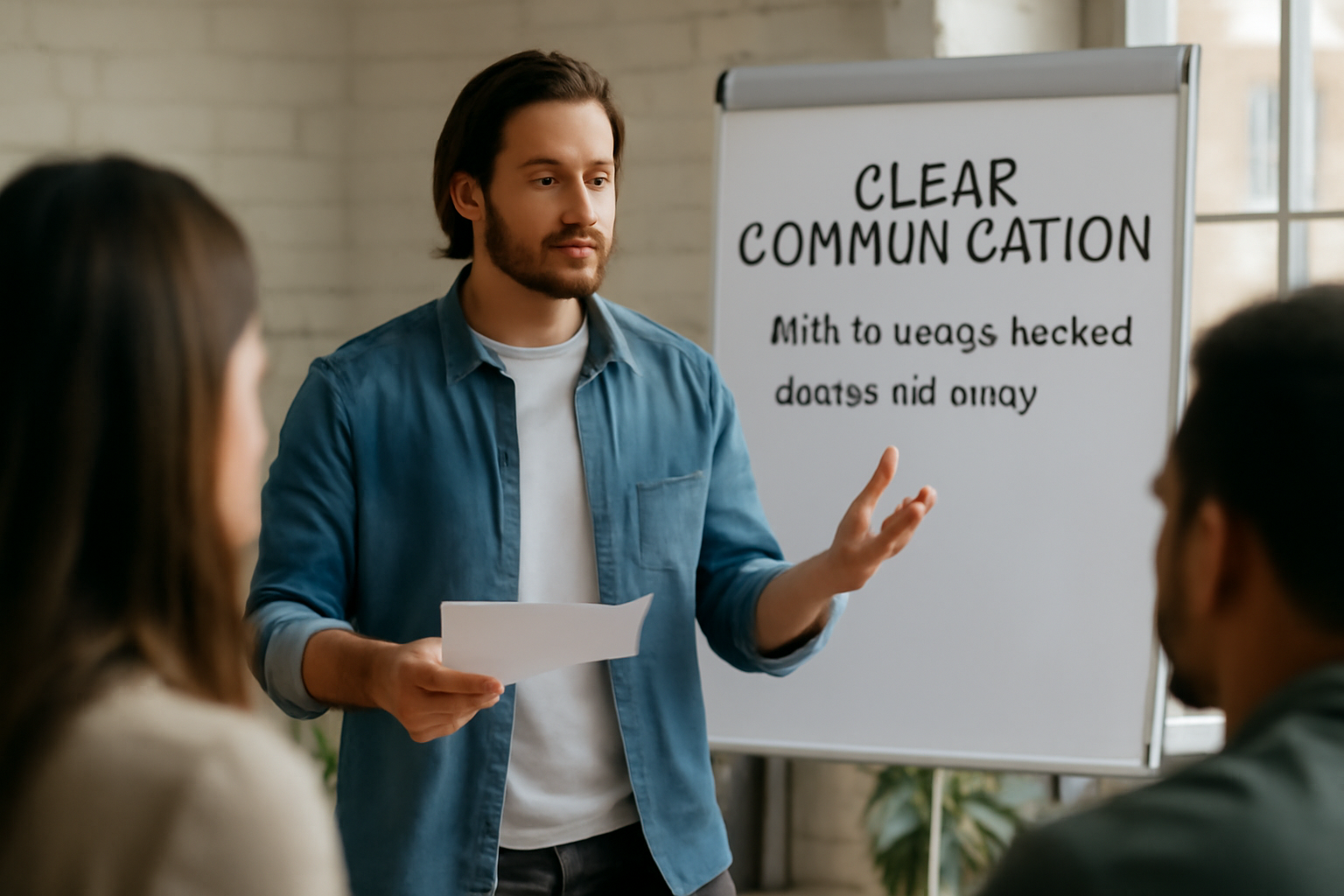 Caucasian man discussing clear communication with colleagues in a modern office setting, demonstrating transparency and openness.