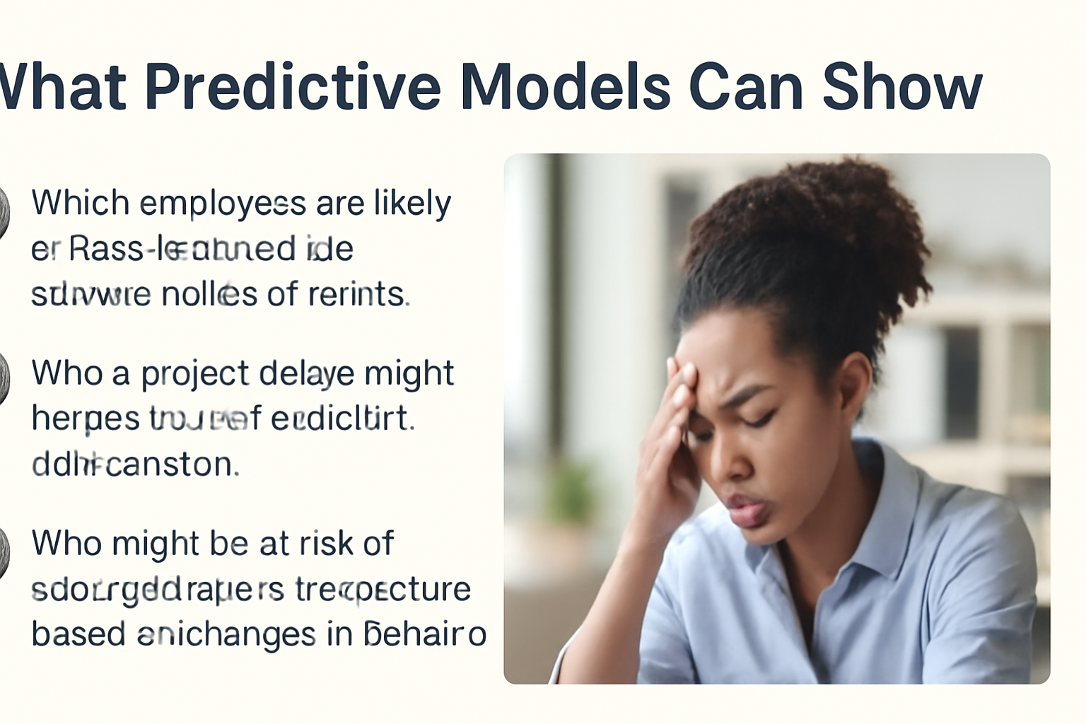 "Image showing predictive models identifying employee burnout, project delays, and disengagement risks, with a distressed woman in an office environment.