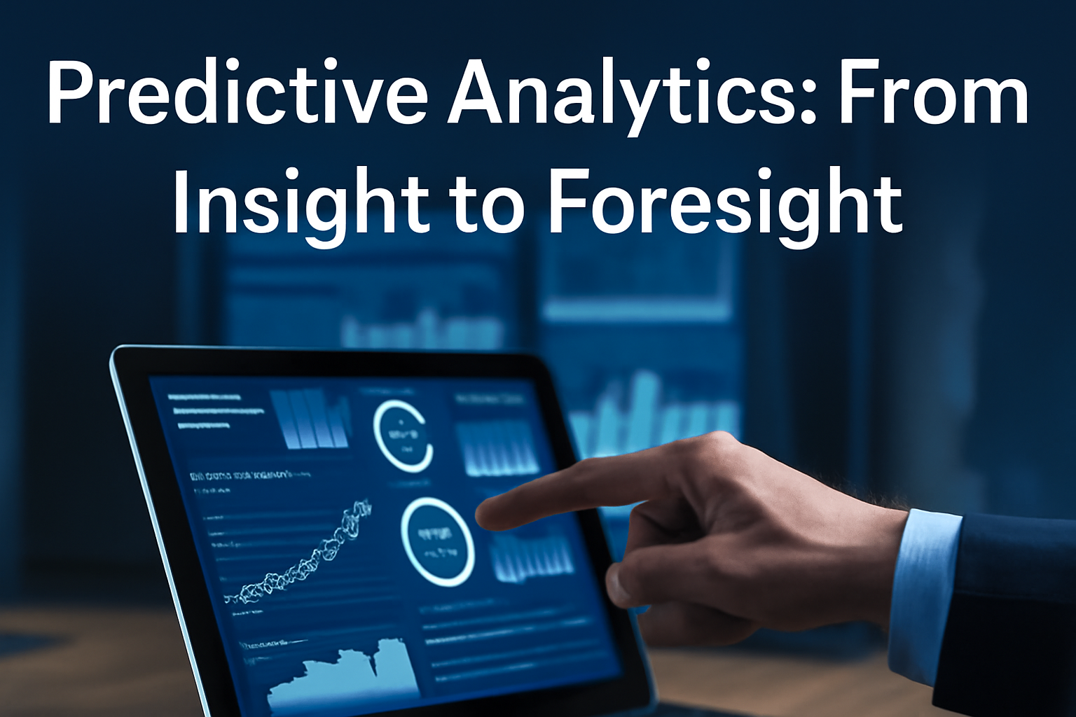 "A professional pointing at a tablet displaying predictive analytics graphs, including sales trends, a pie chart, and a bar chart, set against a dark, cool-toned office background.