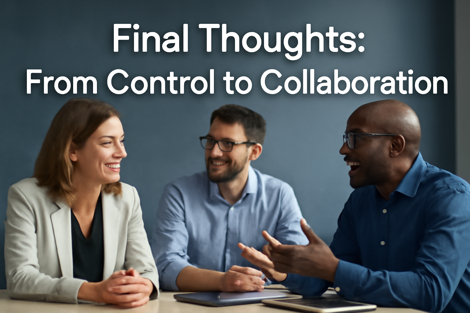 Three professionals engaged in a lively discussion around a sleek table, with a focus on collaboration and teamwork, set against a muted blue-gray background in a modern office.