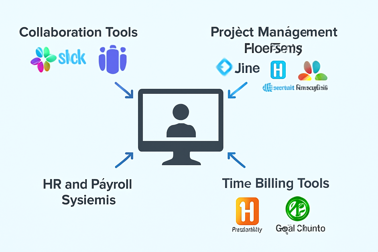 A digital illustration showcasing the integration of collaboration tools, project management platforms, HR and payroll systems, and time billing tools with a central remote employee monitoring system.