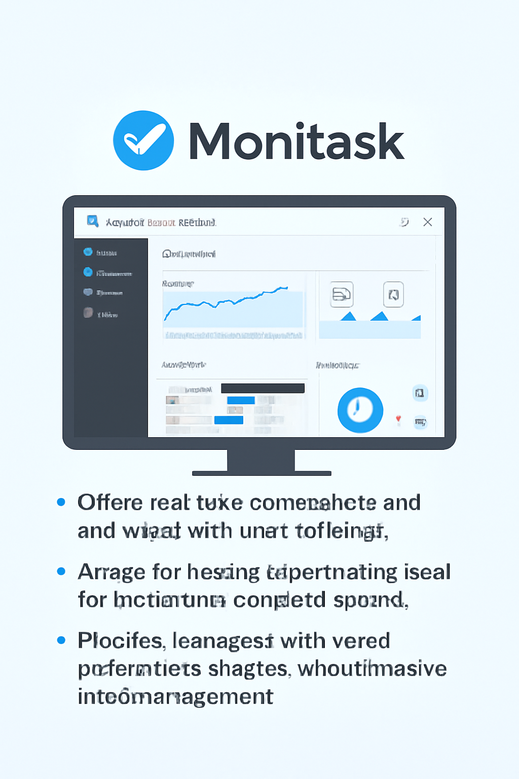 A digital illustration showing Monitask’s dashboard with key features like real-time screenshots, app usage tracking, and visual productivity insights.