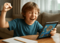 Smiling young boy engaging with educational content on a tablet at home, representing student engagement and fun learning through visual materials.