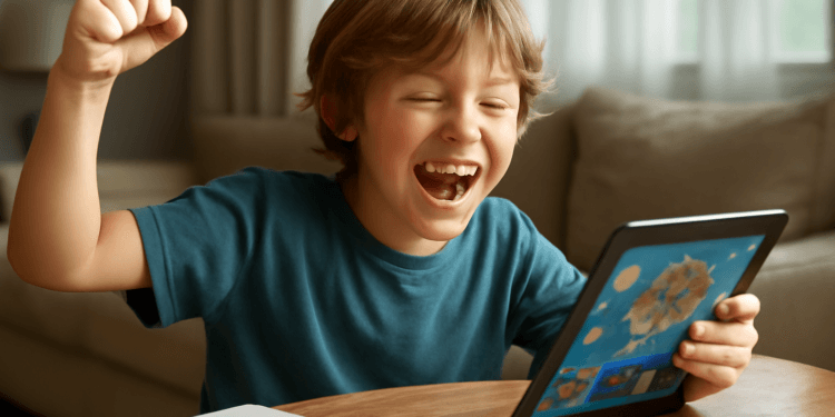 Smiling young boy engaging with educational content on a tablet at home, representing student engagement and fun learning through visual materials.