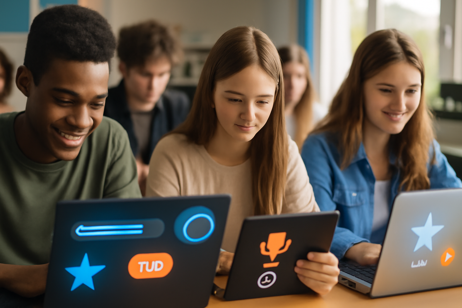 Students actively engaged in a gamified classroom setting, showing increased participation and learning outcomes with digital game elements.
