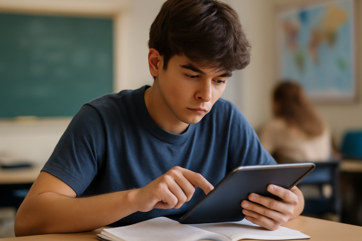 A focused student interacting with a gamified learning app on a tablet, illustrating motivation and engagement in education.