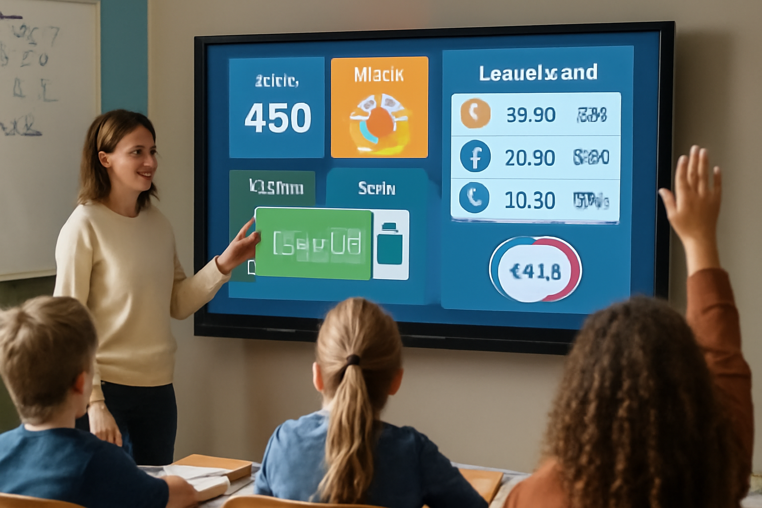 Teacher using digital gamification tools including points, badges, leaderboards, and timers to enhance student engagement and track learning progress in a modern classroom.