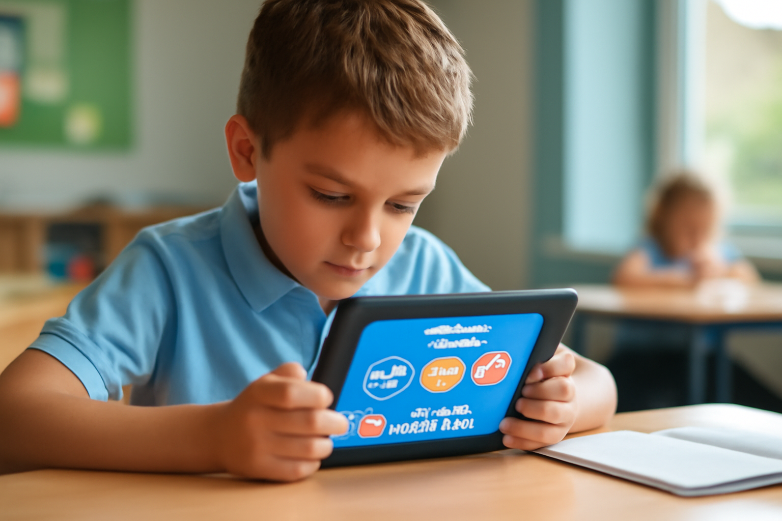 A young student in a classroom using a tablet displaying points and badges for reading tasks, showing increased engagement and improved test scores.