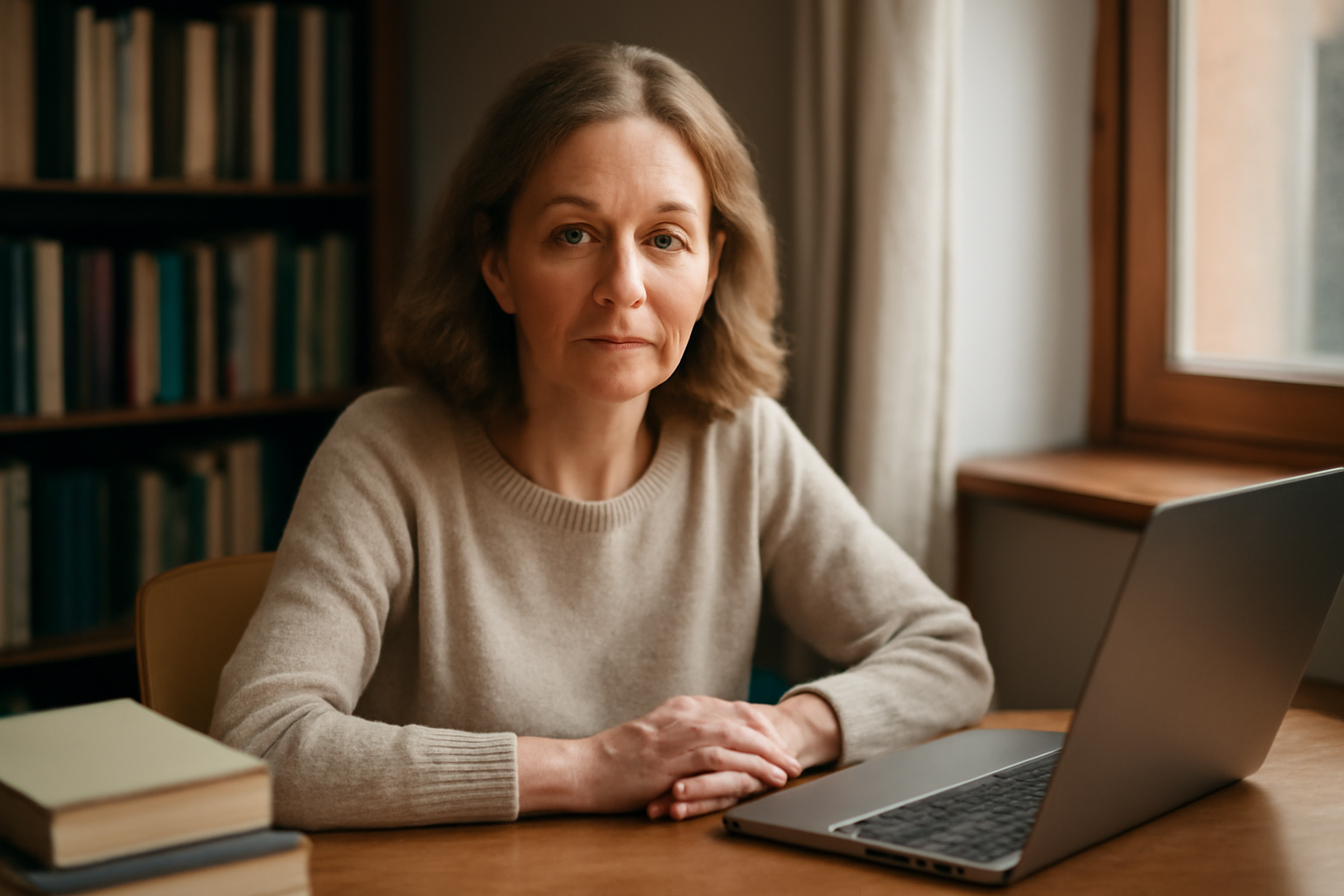 Portrait of Linda Davies, an academic writer and educator, working in a cozy study with books and a laptop, reflecting expertise in research and education.