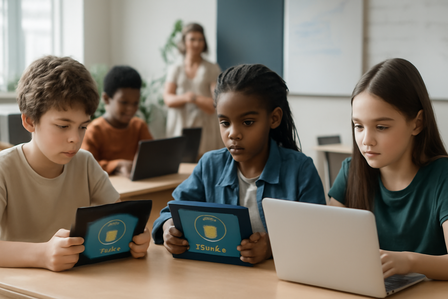Teacher giving quick feedback to students during a gamified learning activity in a classroom. 
