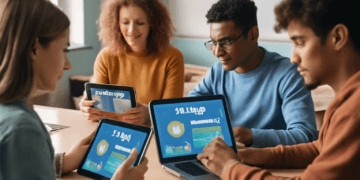 Students actively participating in a gamified learning classroom using tablets displaying badges, points, and leaderboards, enhancing focus and retention.