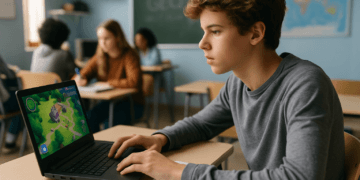 Teenage student learning through a gamified platform in a modern classroom, showing focus and digital engagement on a laptop with a visible educational game interface.