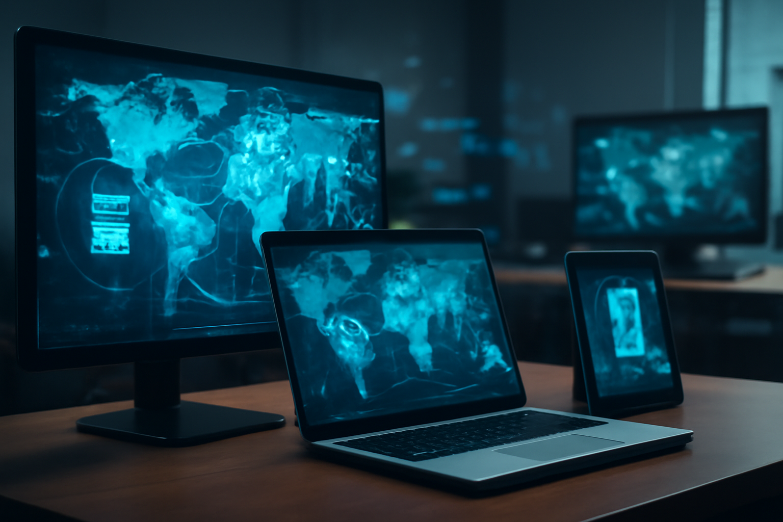High-tech workspace showing various proxy types including datacenter, residential, and mobile proxies with world map overlays representing customizable proxy locations and fast IP replacement cycles for reliable internet access.