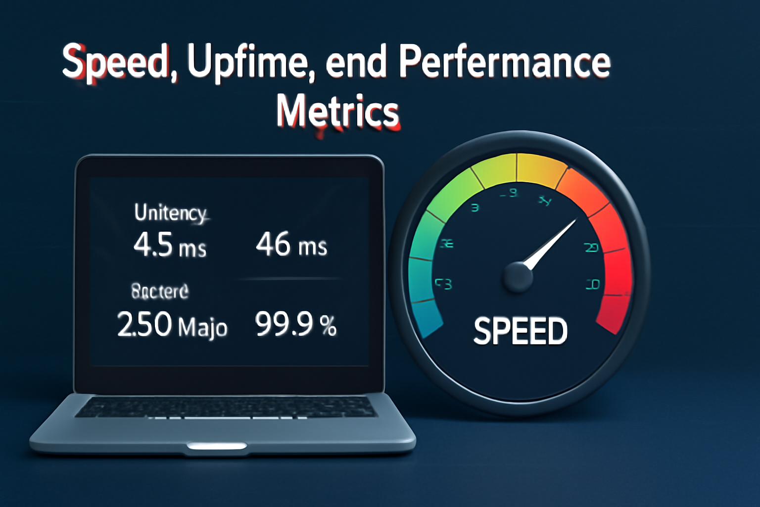 Laptop displaying proxy speed, latency, and uptime metrics alongside a speedometer gauge indicating optimal performance with high speed and 99.9% uptime.