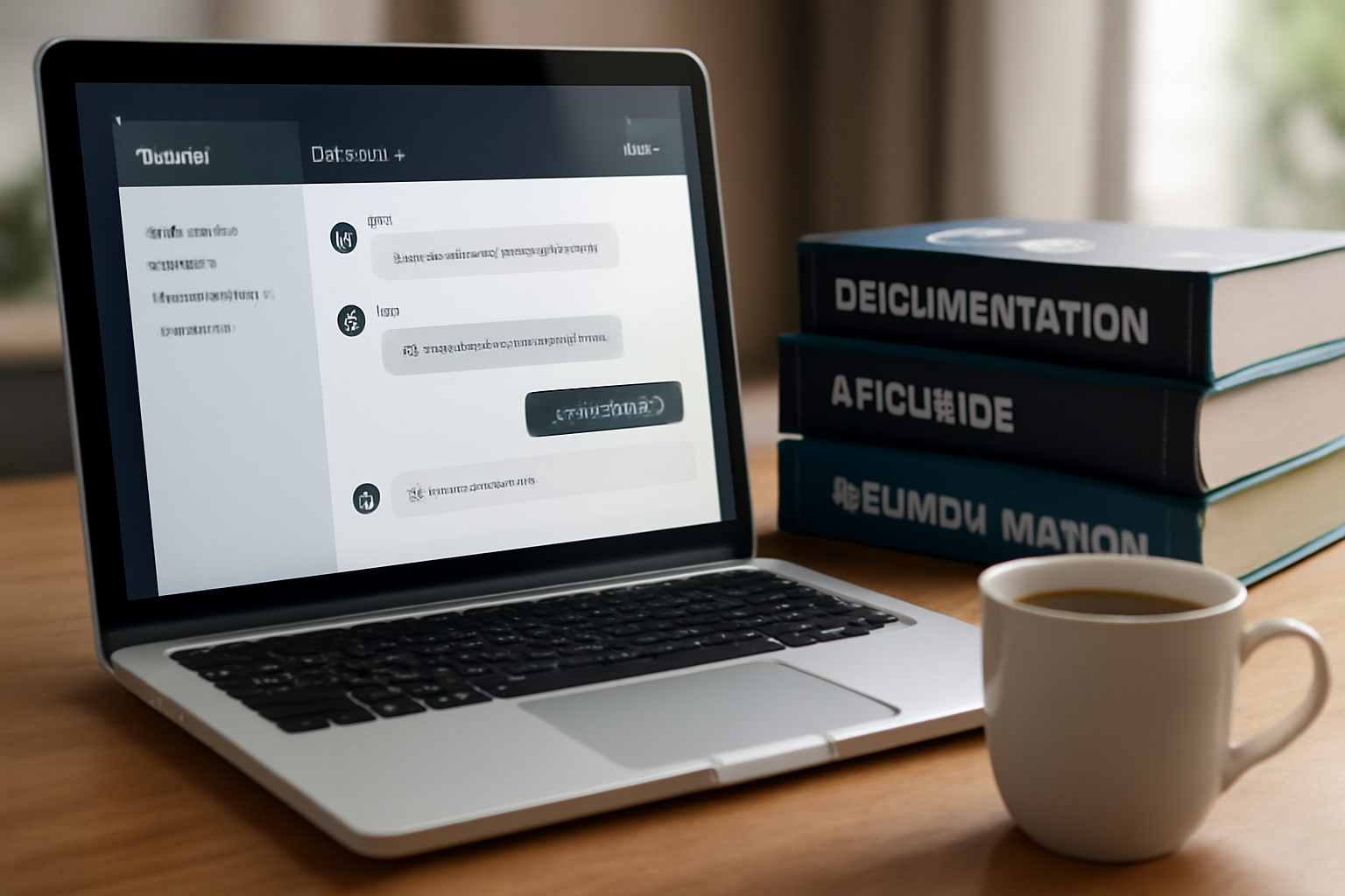 Modern workspace with a laptop showing live chat support and technical documentation books, representing fast proxy support and user-friendly guides.