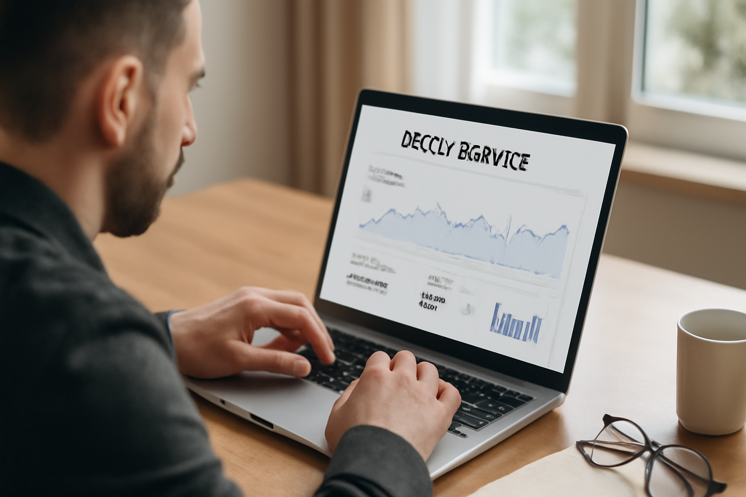 Close-up of a professional analyzing proxy service data and performance charts on a sleek laptop, symbolizing thorough evaluation and trust in a reliable proxy provider.