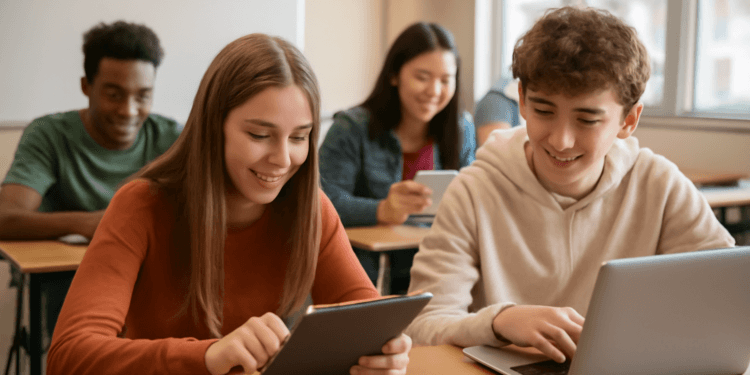 Students engaged in interactive digital learning using Gimkit for high-stakes test preparation in a bright classroom setting.