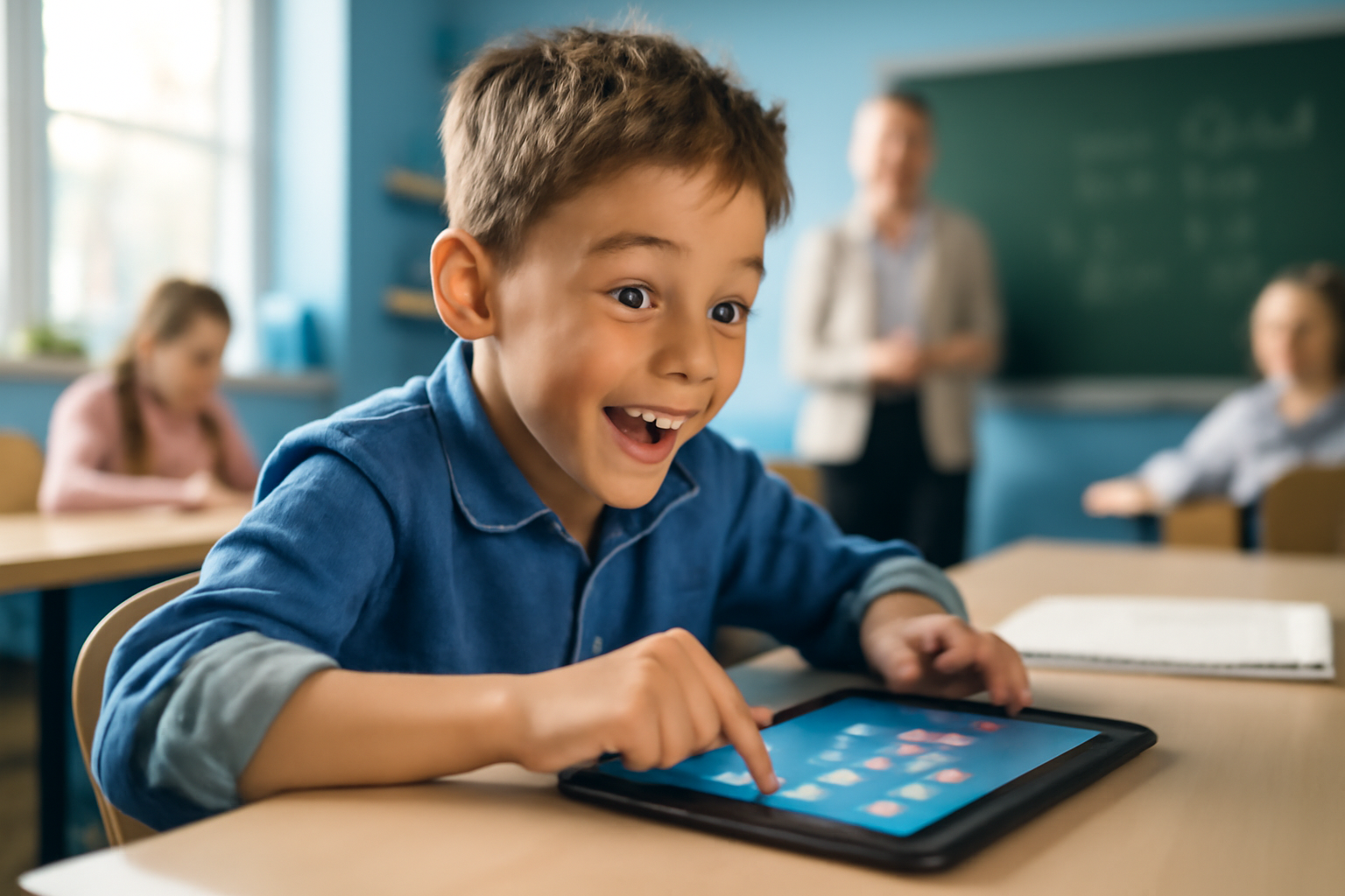 A focused young student with ADHD engaged in an interactive learning activity on a tablet in a bright classroom setting, showing enthusiasm and concentration.