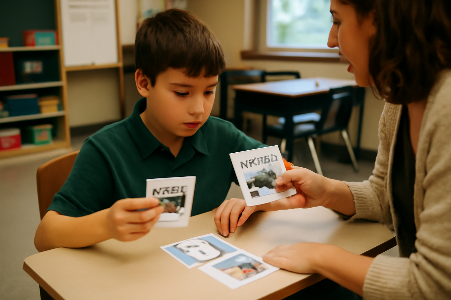 A focused young student with autism engaged in a classroom activity using visual aids, highlighting effective teaching strategies.
