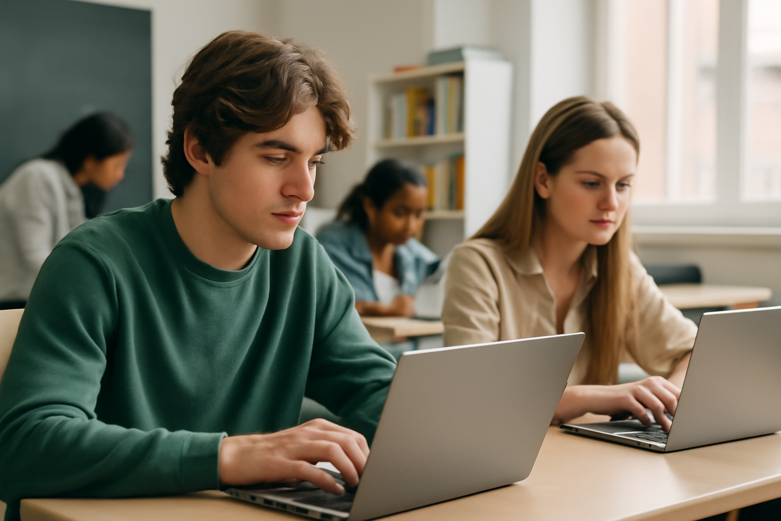 Close-up of a modern classroom with students engaged on laptops using interactive learning software, highlighting educational technology tools for enhanced engagement.