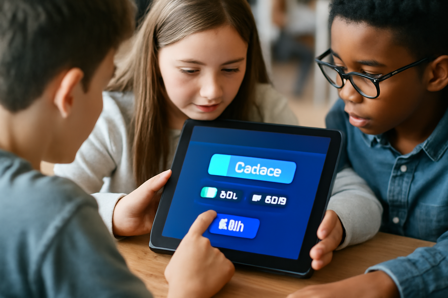 Students engaged in an educational game on a tablet with visible points and rewards, illustrating gamification techniques for motivating special needs learners.