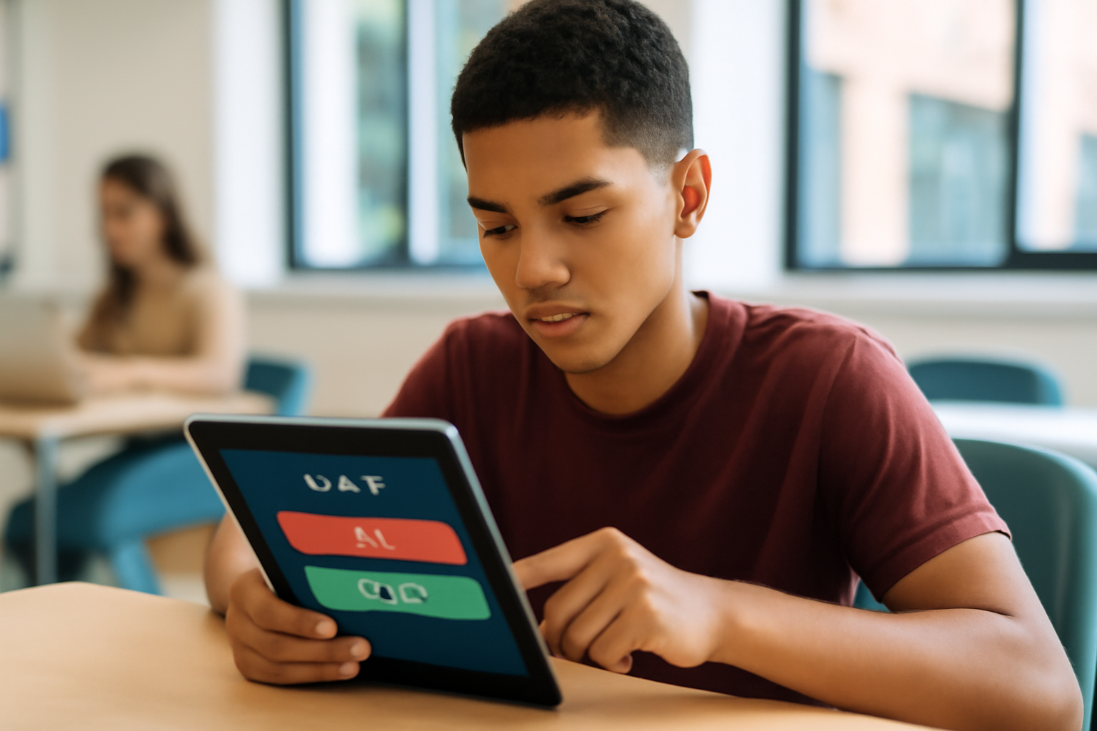 A student in a bright classroom getting immediate feedback on a quiz through a tablet, highlighting the benefits of quick learning for students with ADHD and autism.