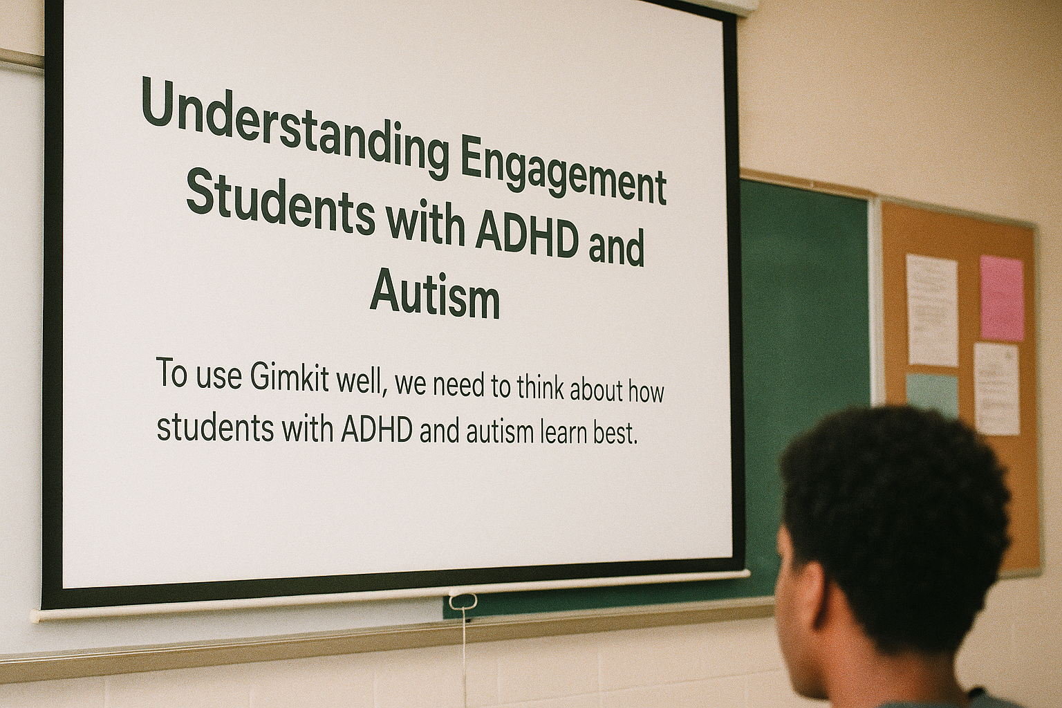 A classroom projector displaying a slide on understanding engagement for students with ADHD and autism, with a student attentively watching.