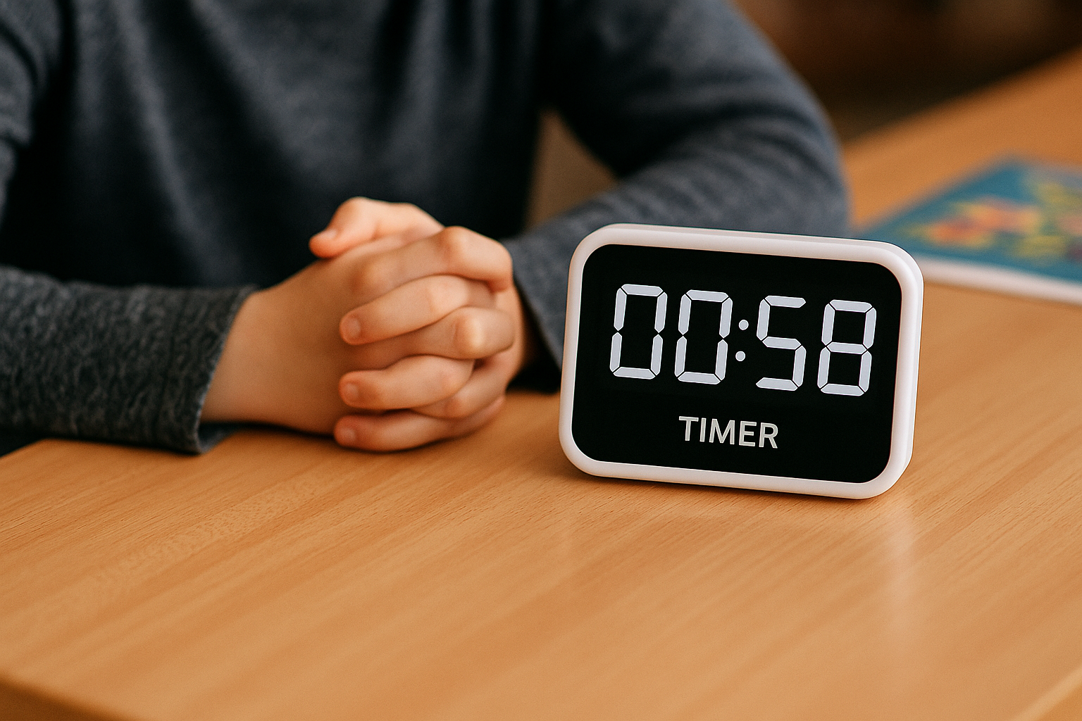  photograph features a digital countdown timer with 58 seconds remaining, placed on a wooden desk next to a child's folded hands, promoting time management for students with ADHD and autism.