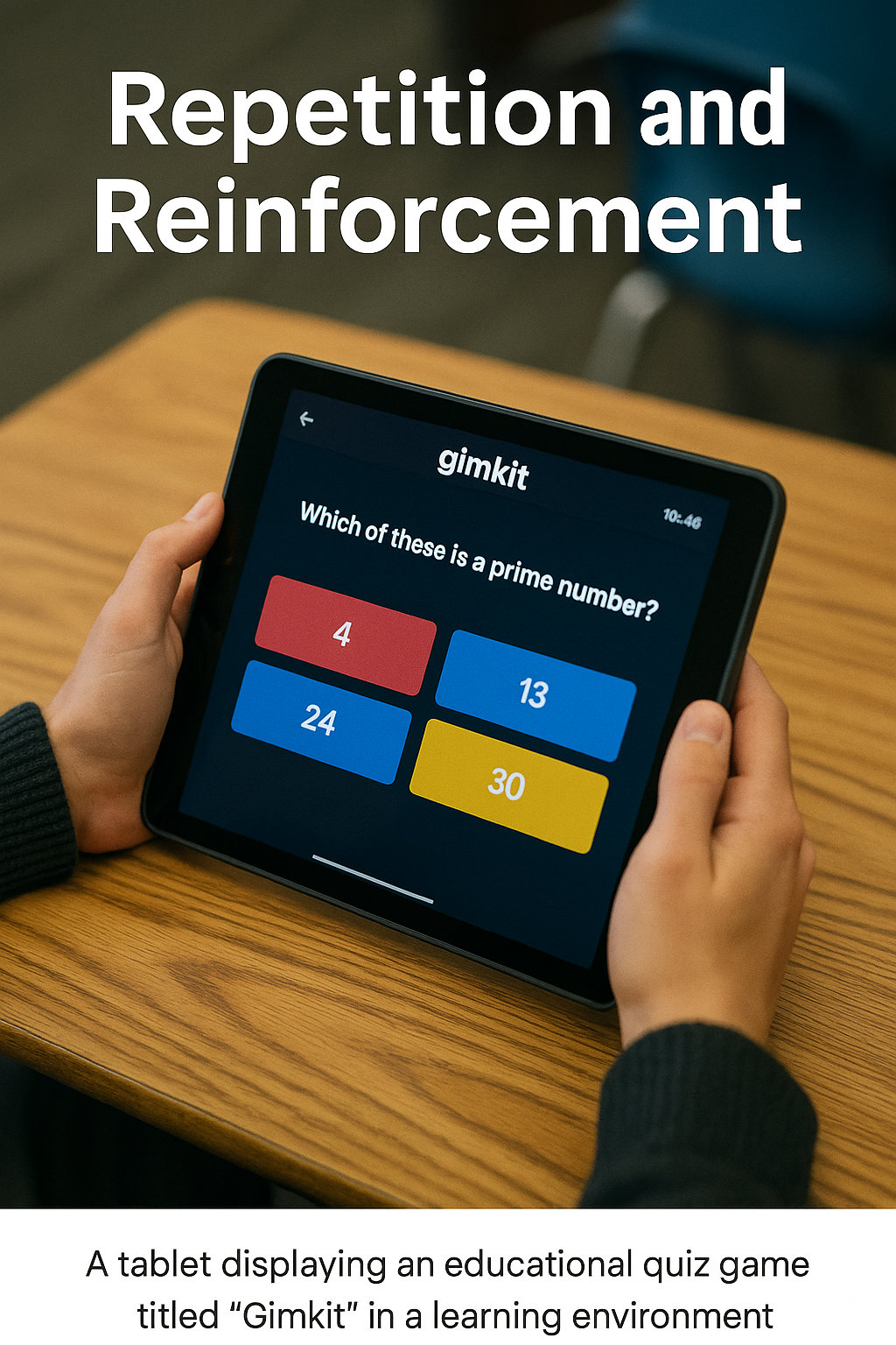 A student using Gimkit on a tablet to repeatedly practice quiz questions, aiding memory retention for ADHD and autism learners in an engaging classroom setting.