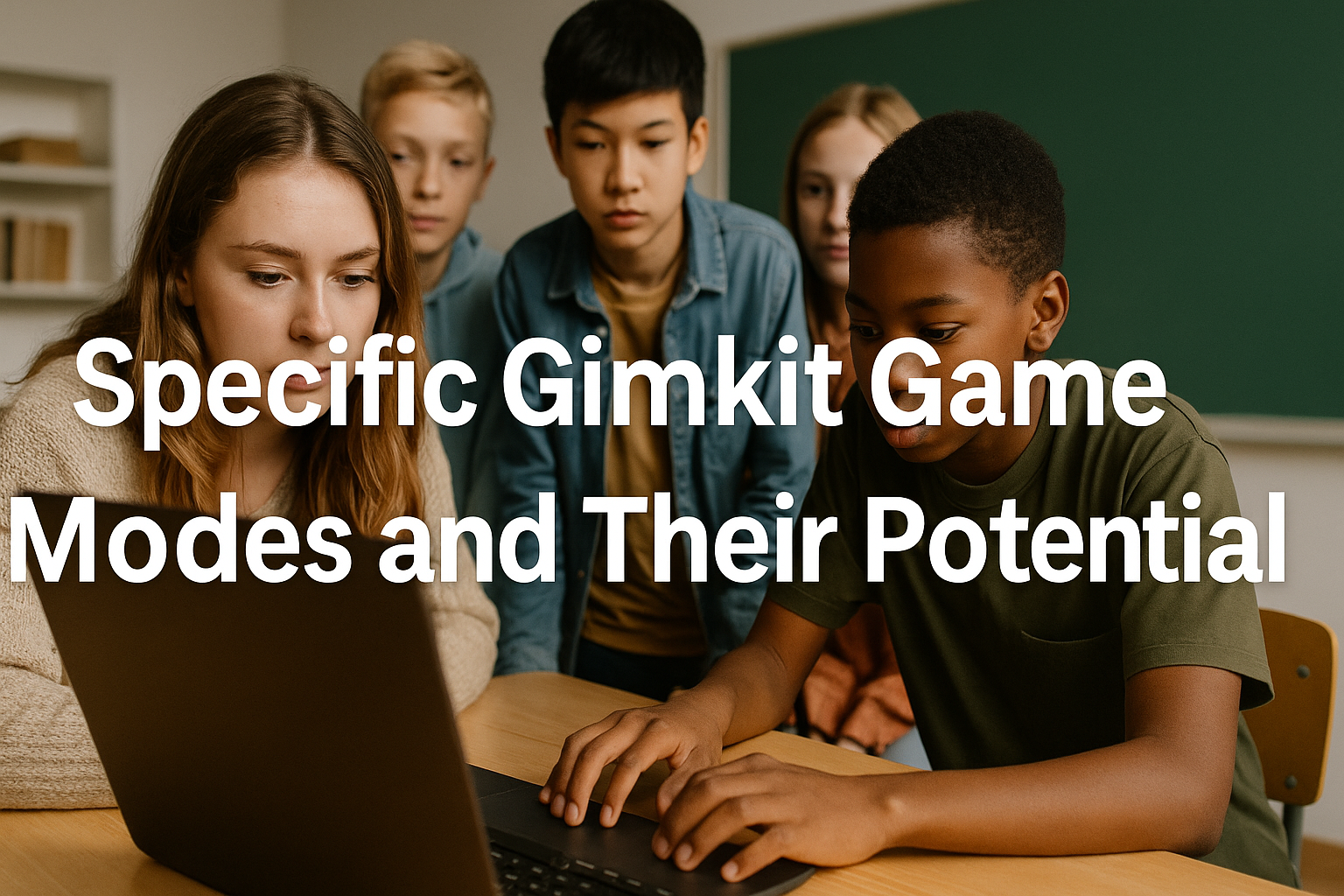 Diverse group of middle school students playing Gimkit on a laptop in a classroom, exploring different game modes together
