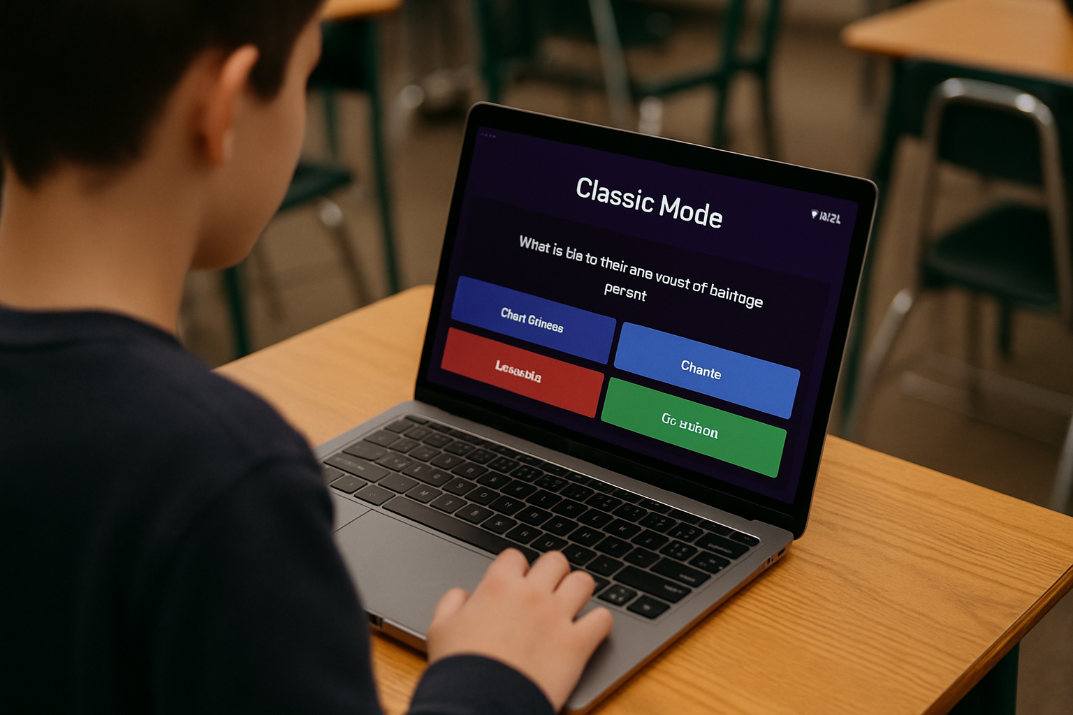A young student interacts with Gimkit's Classic Mode on a laptop in a classroom, emphasizing self-paced learning for special education.