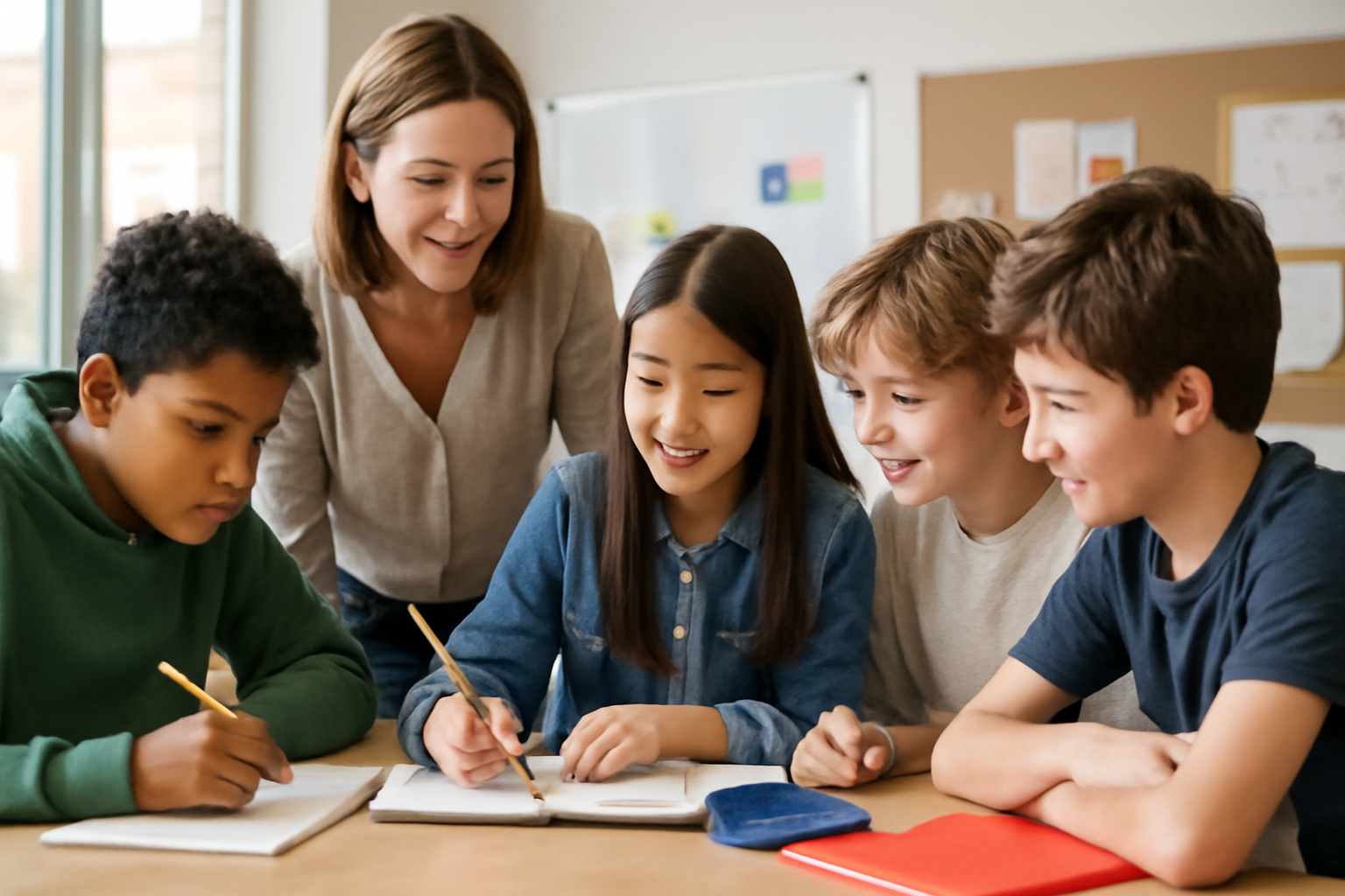 A diverse group of students collaborating around a table with an adult mentor guiding them, highlighting teamwork and support in learning environments.