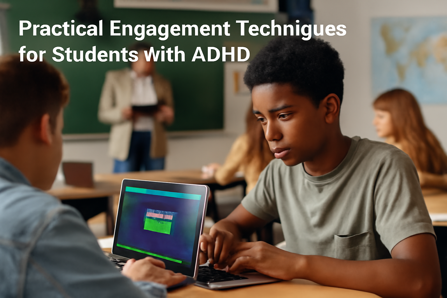 A focused student with ADHD actively engaging in a digital learning game on a laptop in a bright classroom environment.