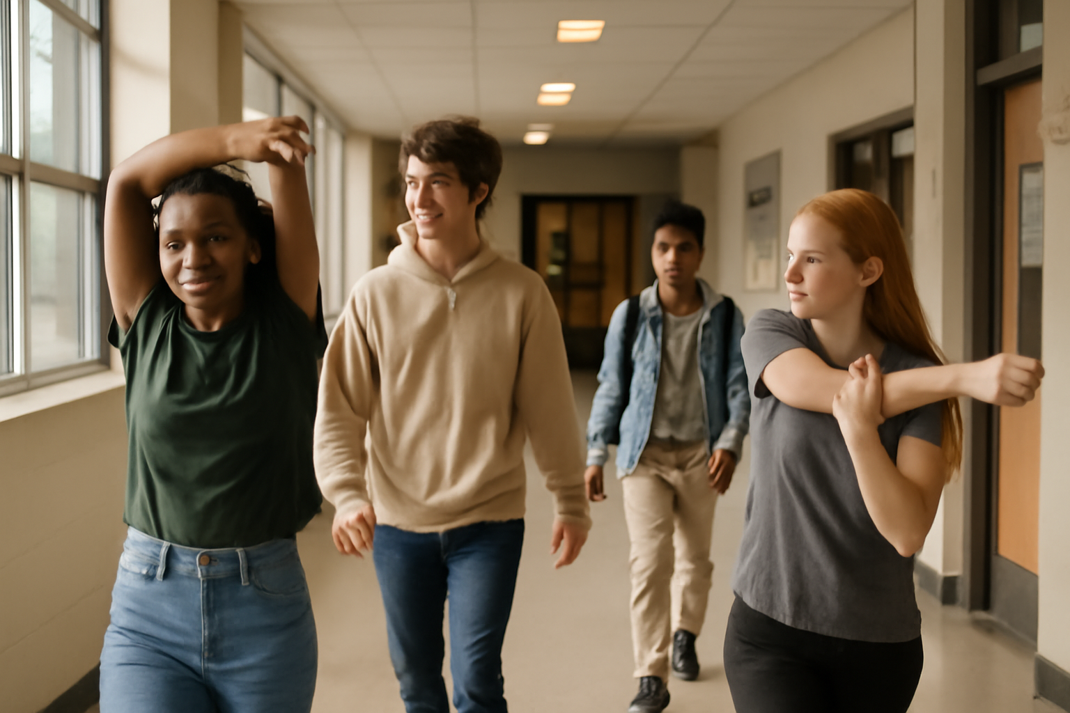 Students stretching and moving around in a bright school hallway to boost focus and energy before or after playing educational games like Gimkit.